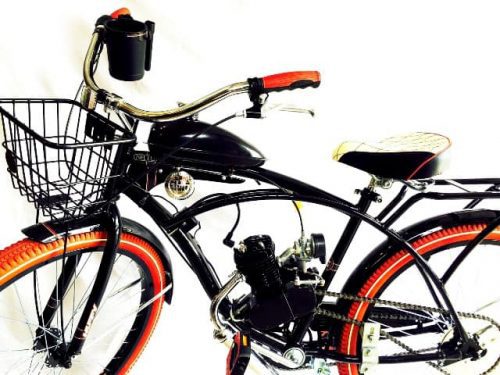 A bicycle with a basket and gas tank on the front.