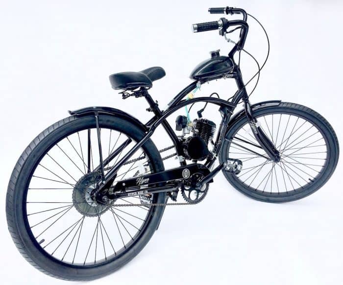 A bicycle with a motor attached to the front wheel.