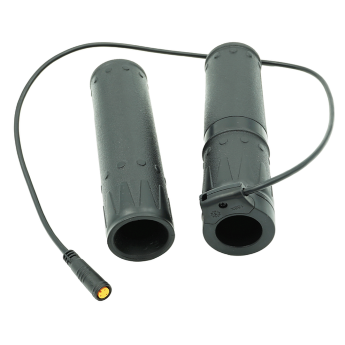 A pair of black plastic tubes with yellow lights.