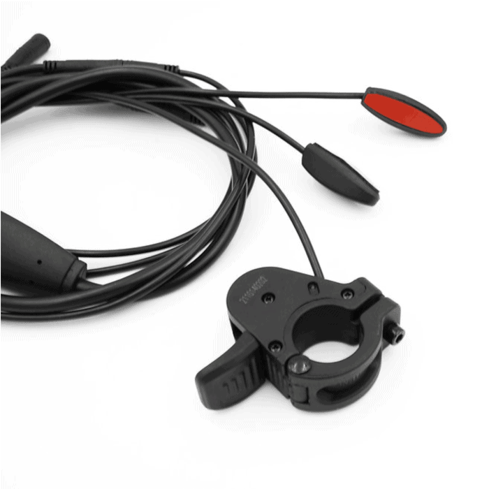 A black cord with two red wires and a metal clamp.