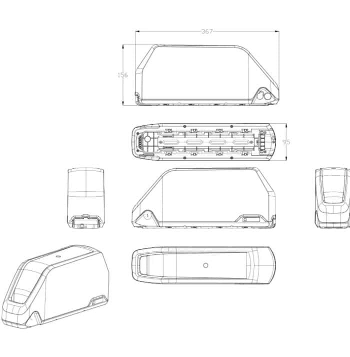 A drawing of the side and back of an electric vehicle.