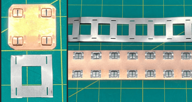 Metal plates with square cutouts.